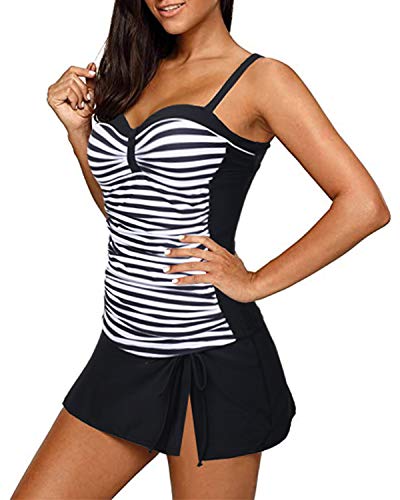 Slimming Tummy Coverage Tankini Swimwear For Women-Black Stripe