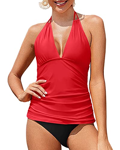 Backless V Neck Tankini Tops Bikini Bottom Tummy Control-Neon Red