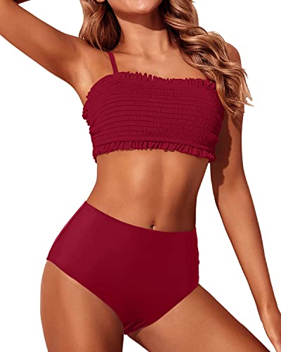 Push Up Off Shoulder Bandeau Bikini Top High Waisted Cheeky Bottom-Red