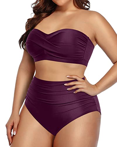 Twist-Front Plus Size Tummy Control Two Piece Swimsuits Bandeau Bikini Set-Maroon