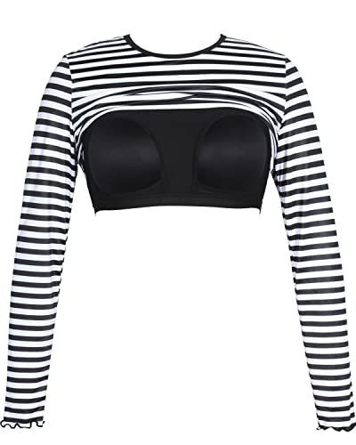 Crop Top Long Sleeve Rash Guard For Women-Black And White Stripe