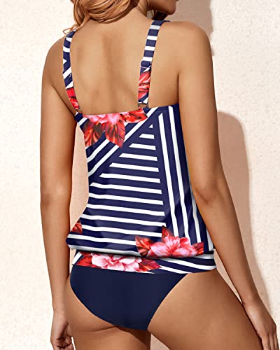 Charming Two Piece High Neck Tankini Bathing Suits For Women-Blue Floral