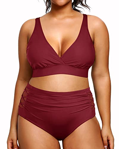 Ruched Full Lined Plus Size Bathing Suits High Waisted Bikini Swimsuits For Women-Maroon
