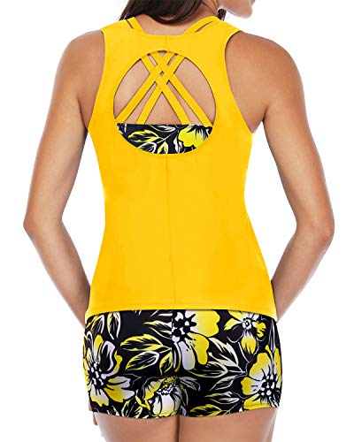Flattering Tummy Control Tankini Swimsuits Shorts-Yellow Floral
