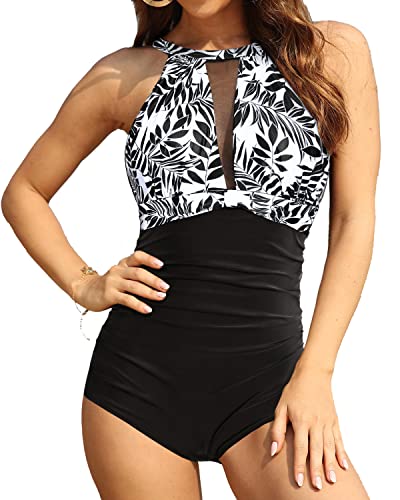 Tummy Control Bathing Suits For Women Ruched Retro Swimsuit-Black Leaves