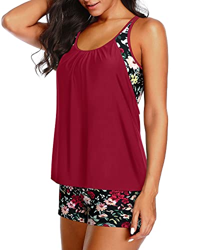 Women Crisscross Back Tankini Boy Shorts Tummy Control Bathing Suits-Red Floral
