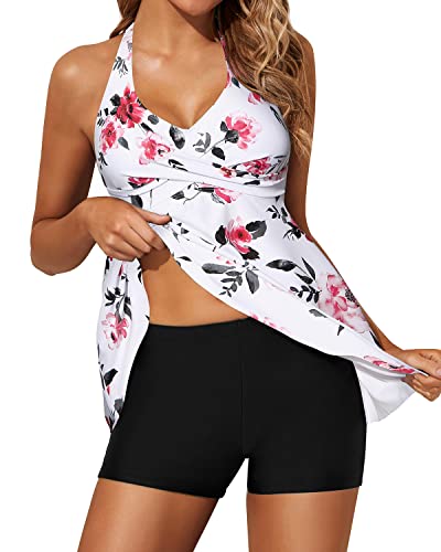 Two Piece Tankini Swimsuits For Women Shorts Halter V Neck Bathing Suits-White Floral