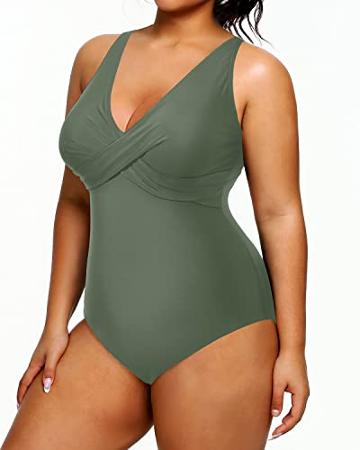 Women's Push-Up Bra One Piece V-Neck Plus Size Swimsuits-Olive Green