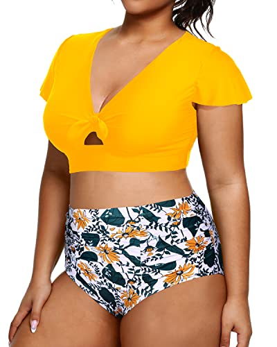 Two Piece Plus Size Bikini Set High Waisted Swimsuit For Women-Yellow Floral
