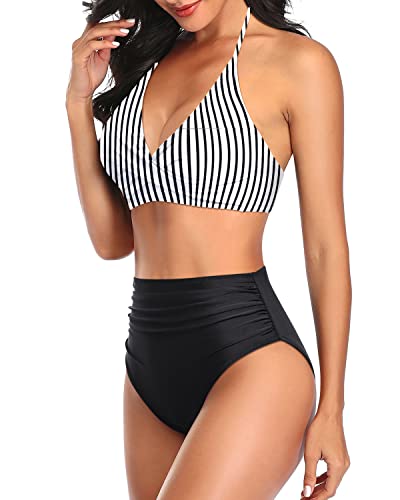 Sexy Twist Front Two Piece High Waisted Halter Top Tummy Control Swimsuit-Black And White Stripe