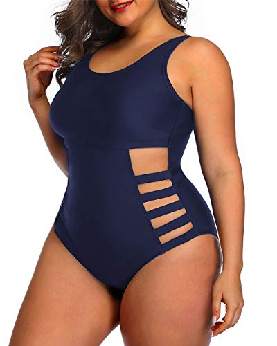 Cutout Monokini Swimsuit Plus Size Side Cutout Sexy Swimwear-Navy Blue