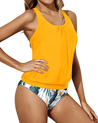 Racerback Tank Tops Bottoms Two Piece Swimsuit Blouson Swimwear-Yellow Flowers