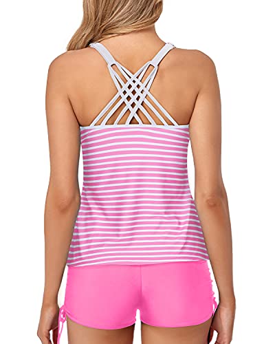 Sporty Tankini Tops To Hide Belly Women's Swimsuits-Pink Stripe