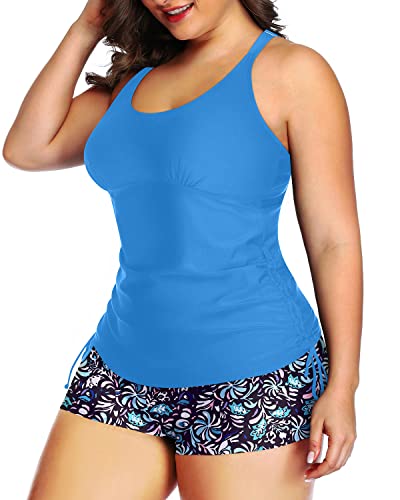 Plus Size Strappy Tankini Top Boyleg Shorts Two Piece Ruched Swimsuit-Light Blue
