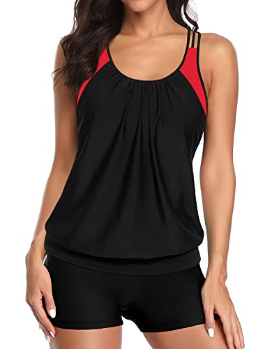 T-Back Blouson Sporty Tankini Swimsuits For Women Boy Shorts-Black And Red