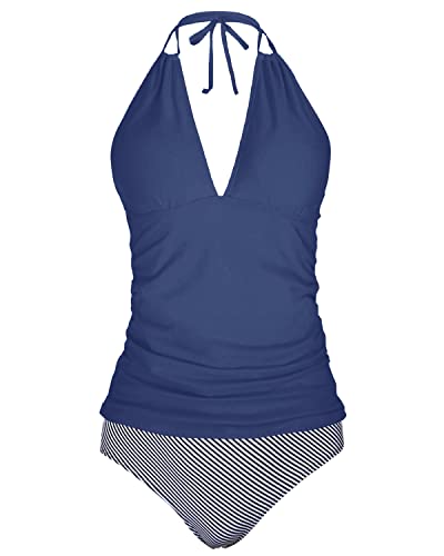 Ruched Bathing Suit Tankini Swimsuits Slim Down Body Shape-Blue White Stripe