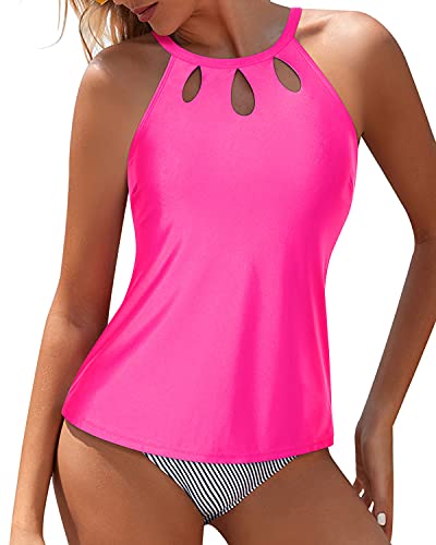 Backless Halter High Neck Tankini Bathing Suit Tummy Control-Hot Pink Stripe