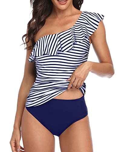 Women's Asymmetric One Shoulder Ruched Swimwear-Blue White Stripe