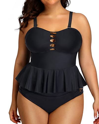 Tummy Control Two Piece Swimsuits Plus Size Swimsuits For Women-Black