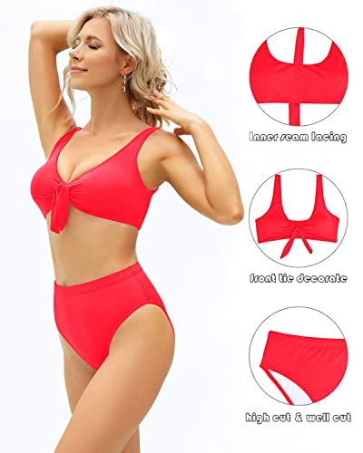 Women's Two Piece High Waisted Bikini Set Knot Front For Teens-Neon Red