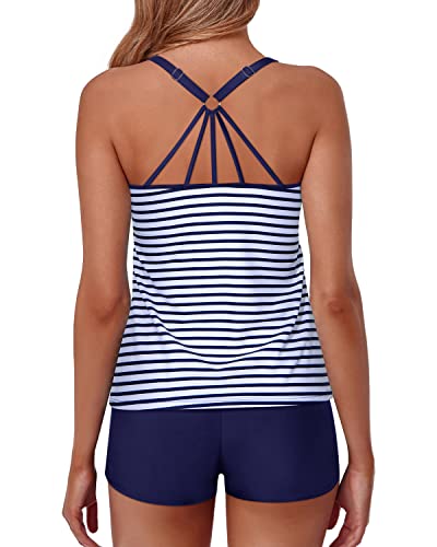 Athletic Two Piece Swimsuit For Women Shorts Tummy Control Bathing Suits-Blue White Stripe