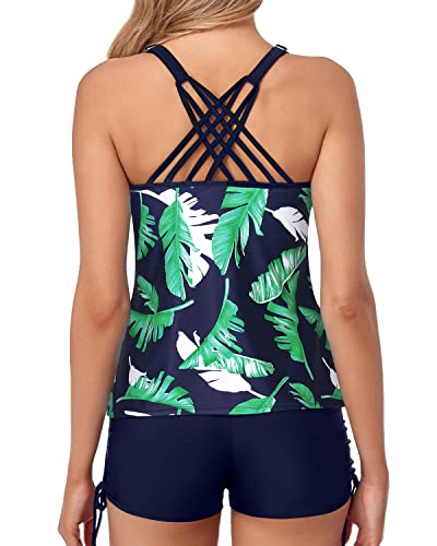Two Piece Cute Cross-Back Design Tankini Swimsuits For Women-Blue Leaf