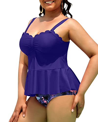 Tummy Control Bathing Suits Scalloped Design For Curvy Women-Blue Flamingo