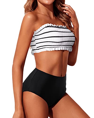 Ruffled Women's Bandeau Bikini Set Two Piece Smocked Swimsuit-Black And White Stripe