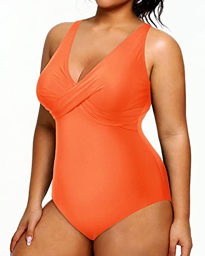 Slimming Twist Front Cross Plus Size Swimsuit For Women-Orange