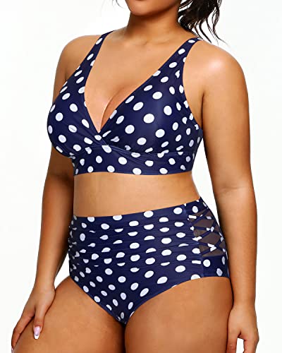 Women's Plus Size Bikini Bathing Suits Tummy Control Swimwear-Blue Dots