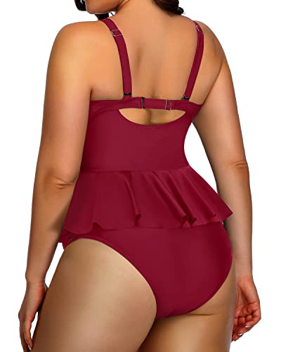 Lace Up Two Piece Bathing Suits For Women Tummy Control-Red