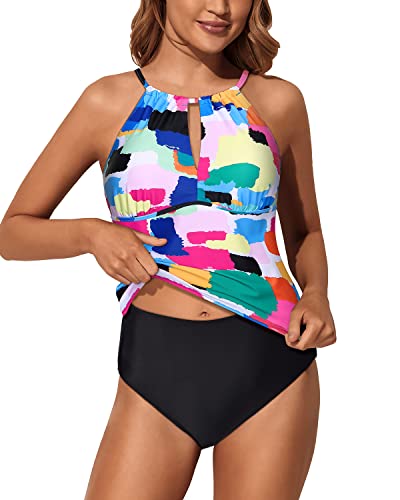 High Neck Tankini Swimsuits Women Two Piece Tummy Control Bathing Suits-Aqua