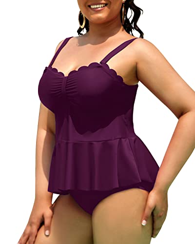 Peplum Tankini Top And High Waisted Swim Bottom Swimsuits For Curvy Women-Maroon