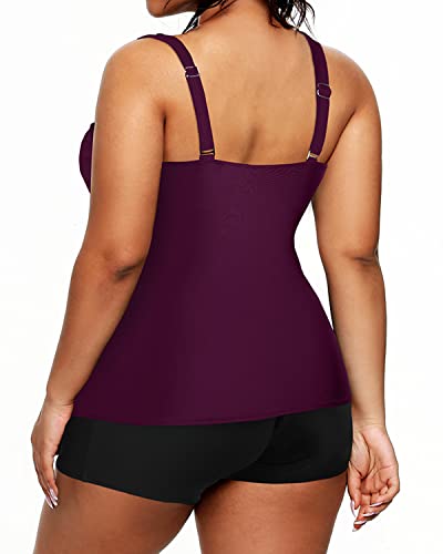 Plus Size Tankini Swimsuit Shorts Athletic Two Piece Swimwear-Maroon