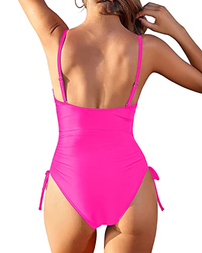 Padded Push Up Bra One Piece Swimsuit Tummy Control Bathing Suit-Neon Pink