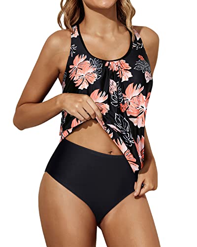 Racerback Women's Tankini Swimsuits High Waisted Bottom-Black Orange Floral