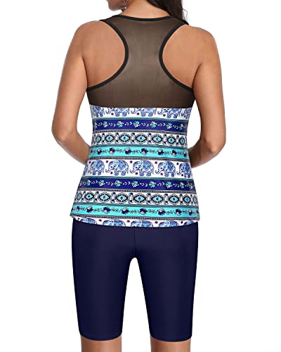 Round Neck Mesh Tankini Top Racerback And Long Swim Shorts For Women-Navy Blue Tribal