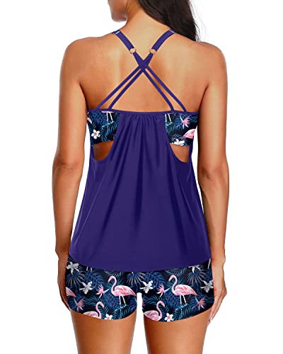 Women's Athletic Two Piece Swimsuit Casual Tankini Set-Blue Floral