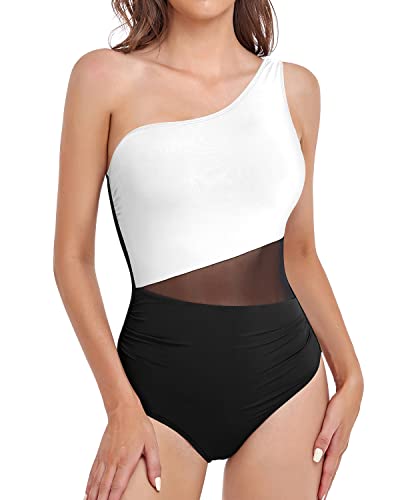 Women's One Piece One Shoulder Swimsuit Cutout Swimwear Monokini-White