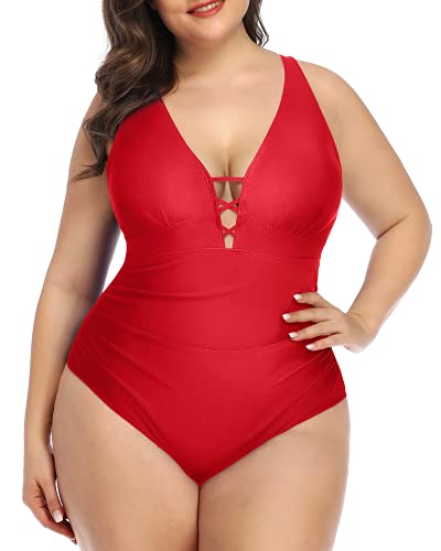 Push Up Padded Bra Plus Size Deep V Neck One Piece Swimsuit-Red