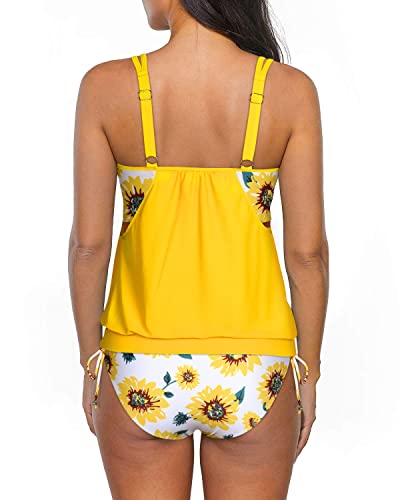 Athletic Two Piece Tankini Bathing Suits Removable Built-In Sports Bra-Yellow And Sunflower