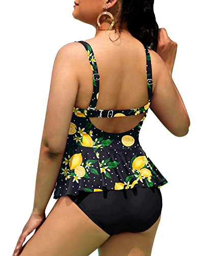 Women Peplum Swimwear Scalloped Swimsuits Tummy Control Bathing Suits-Black Lemon