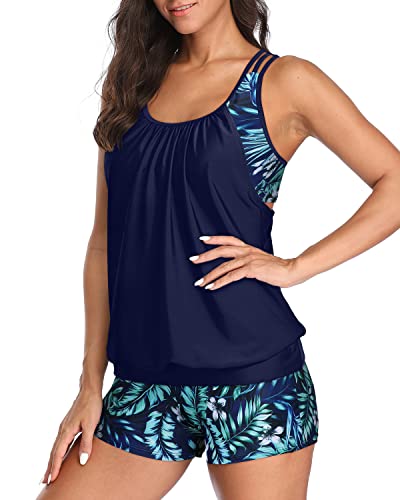 Women's Layered Design Tankini Tops Long Swim Shorts-Blue Leaves