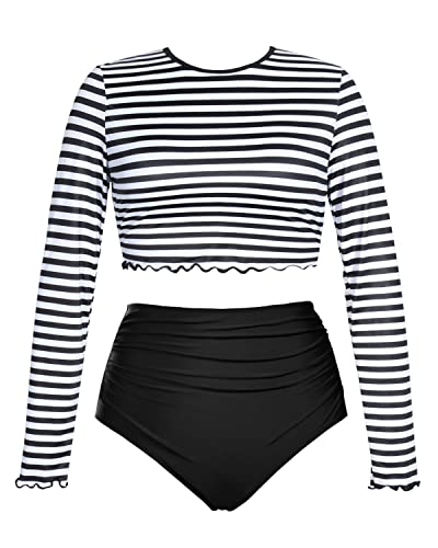 Crop Top Long Sleeve Rash Guard For Women-Black And White Stripe – Yonique