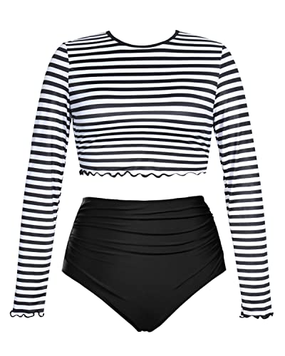 Crop Top Long Sleeve Rash Guard For Women-Black And White Stripe