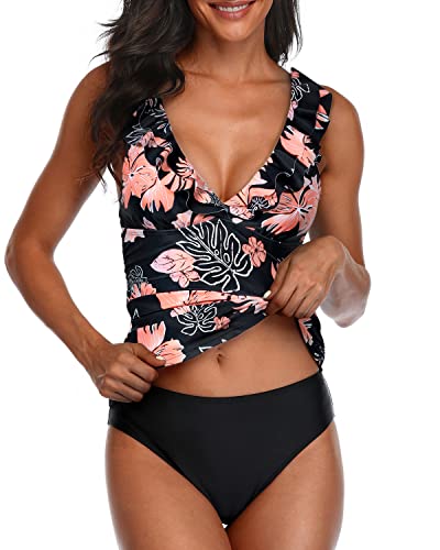 Deep V Neck Flounce Tankini Ruched Swimwear For Women-Black Orange Floral