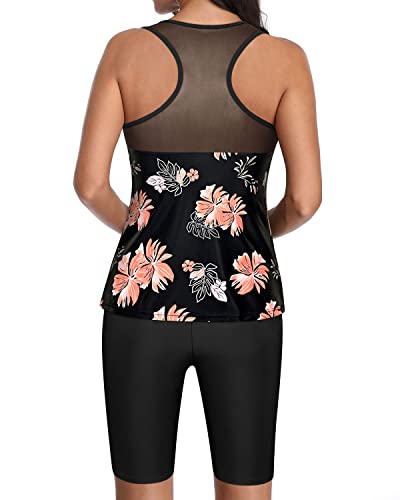 Racerback Tankini Swimsuit Shorts For Athletic Women-Black Orange Floral