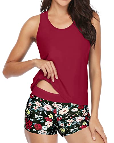 Tummy Control Tankini Boy Shorts For Teens-Red Flowers