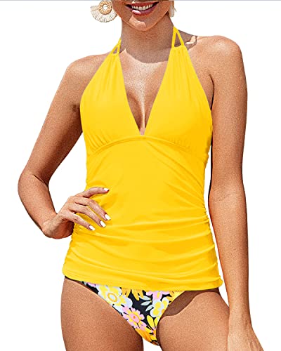 Ruched Bathing Suit Plunge Deep V Neck Two Piece Tankini-Yellow Flowers