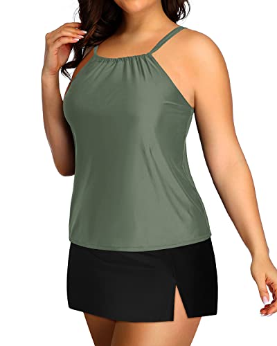 Plus Size Tankini Skirt Tummy Control High Neck Swimsuits-Olive Green